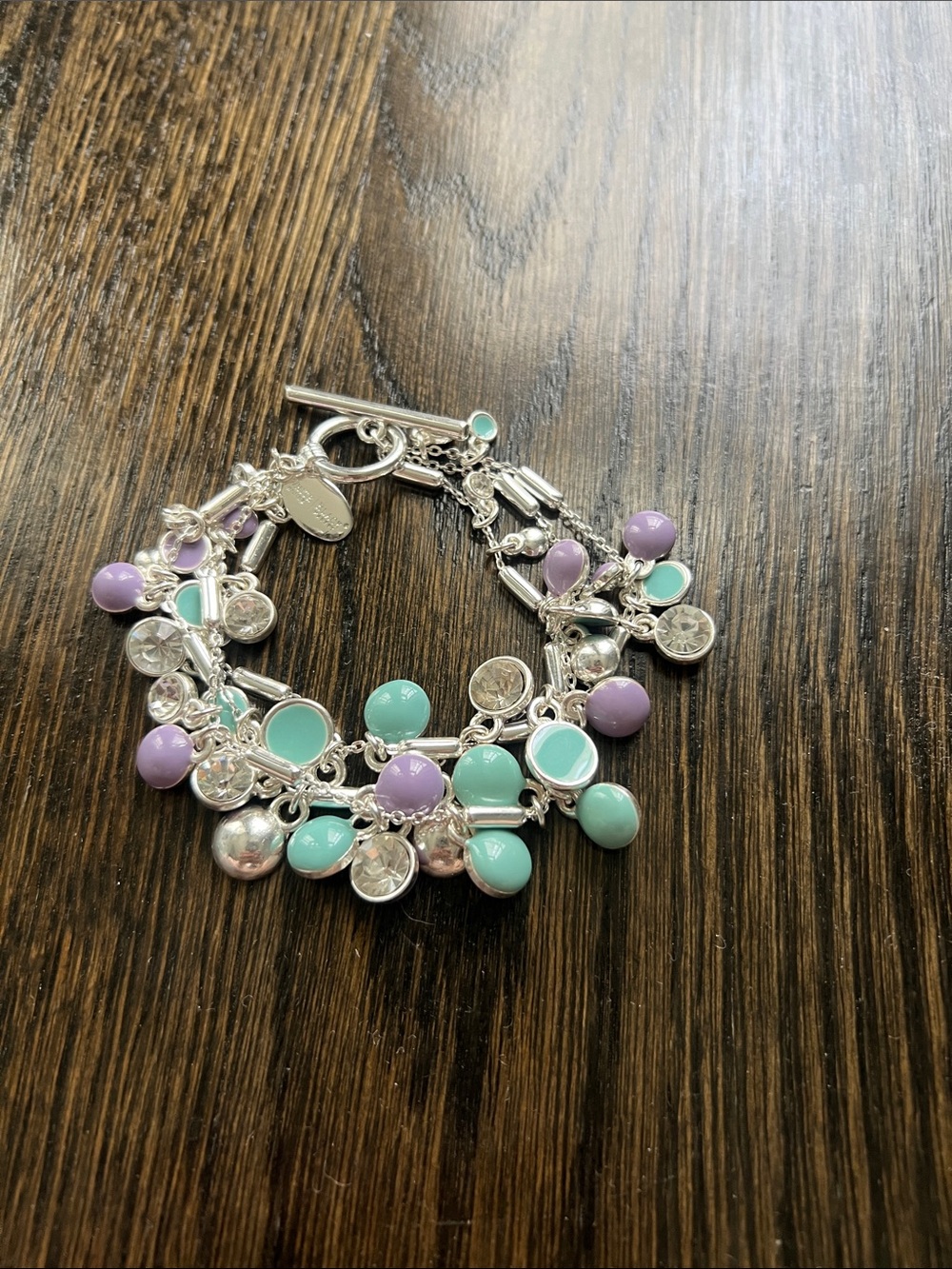 Vintage 90s Silver Toggle Charm Bracelet Mint Green Lavender Accents WHBM